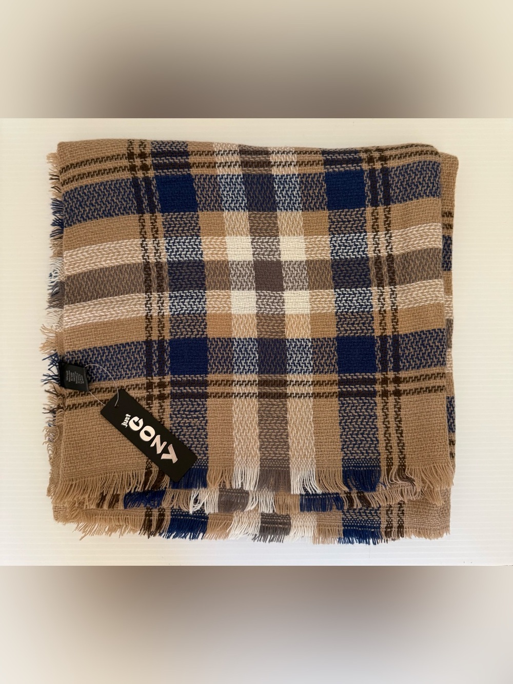 Just Cozy Plaid Fringed Scarf - Tan, Navy & Cream
